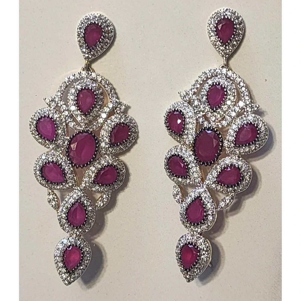 Gold Tone Red Rhinestone Statement Necklace  Chandelier Earrings Set Bollywood